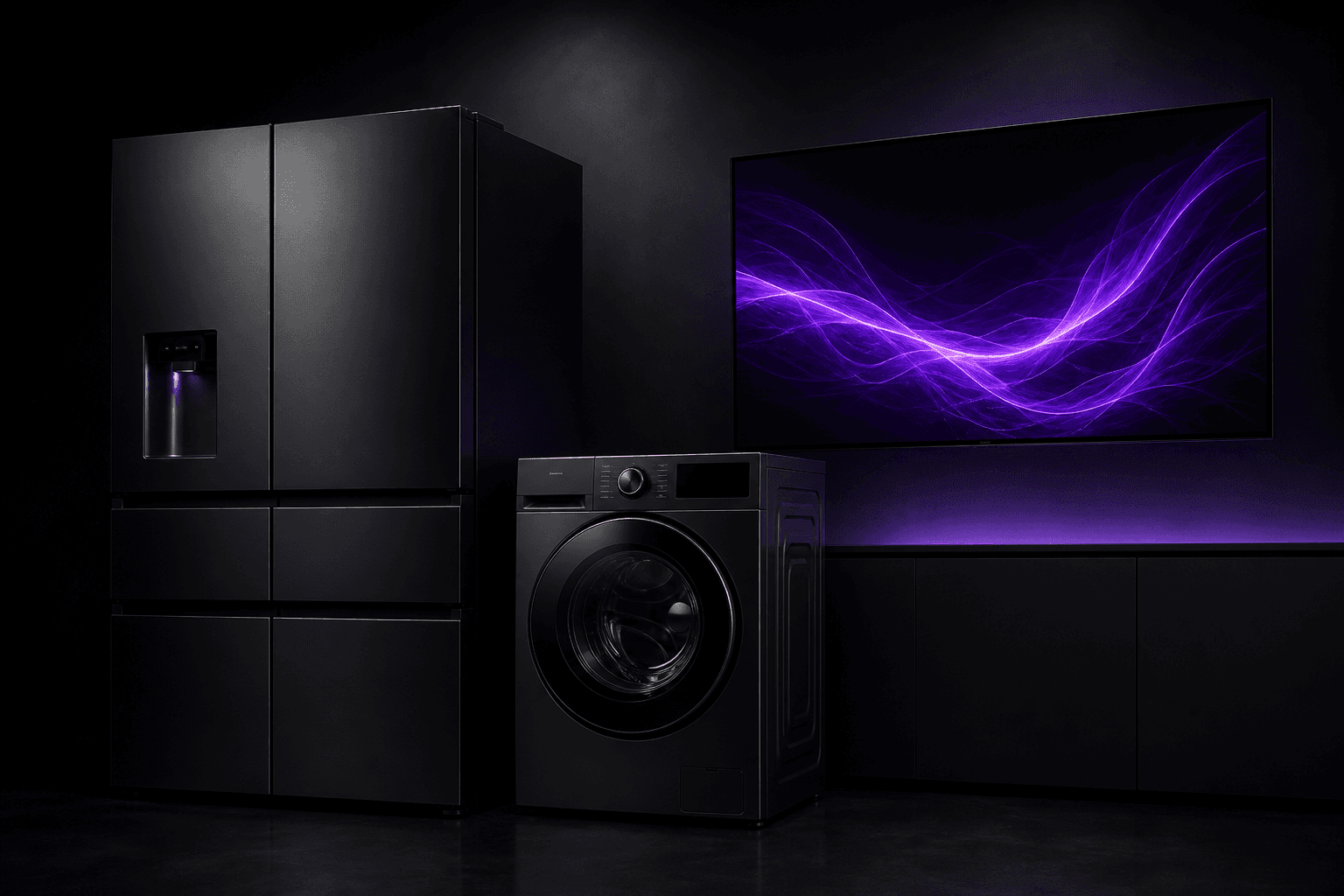 Appliances and TV with purple AI waves